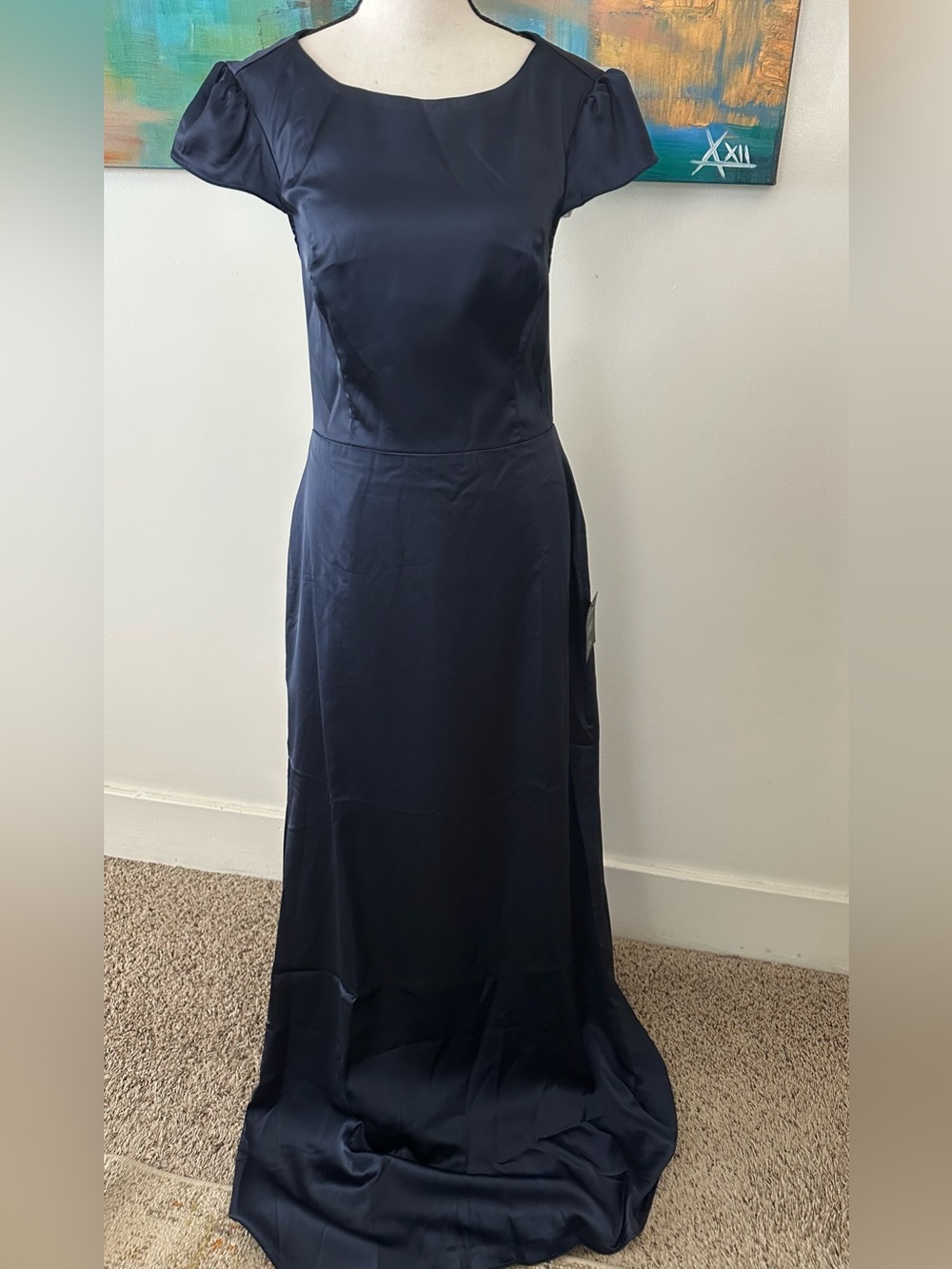Lulus NWT Celebration Of Romance Navy Satin Back Tie Maxi Dress Gown L - Picture 6 of 15
